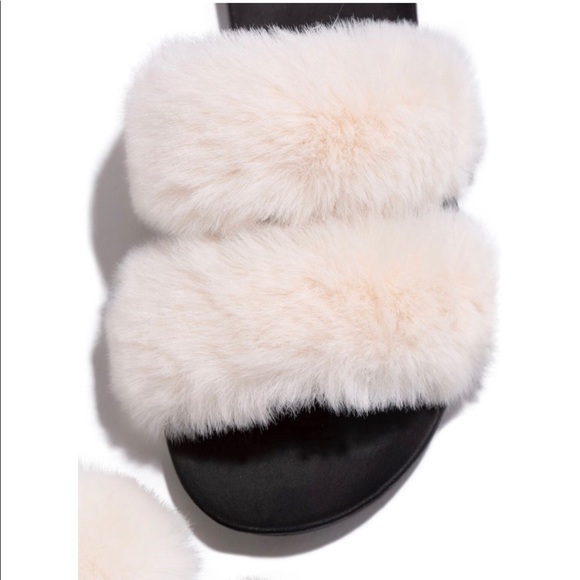 Double Band White Faux Fur Slides Sandals Slippers - Picture 2 of 7